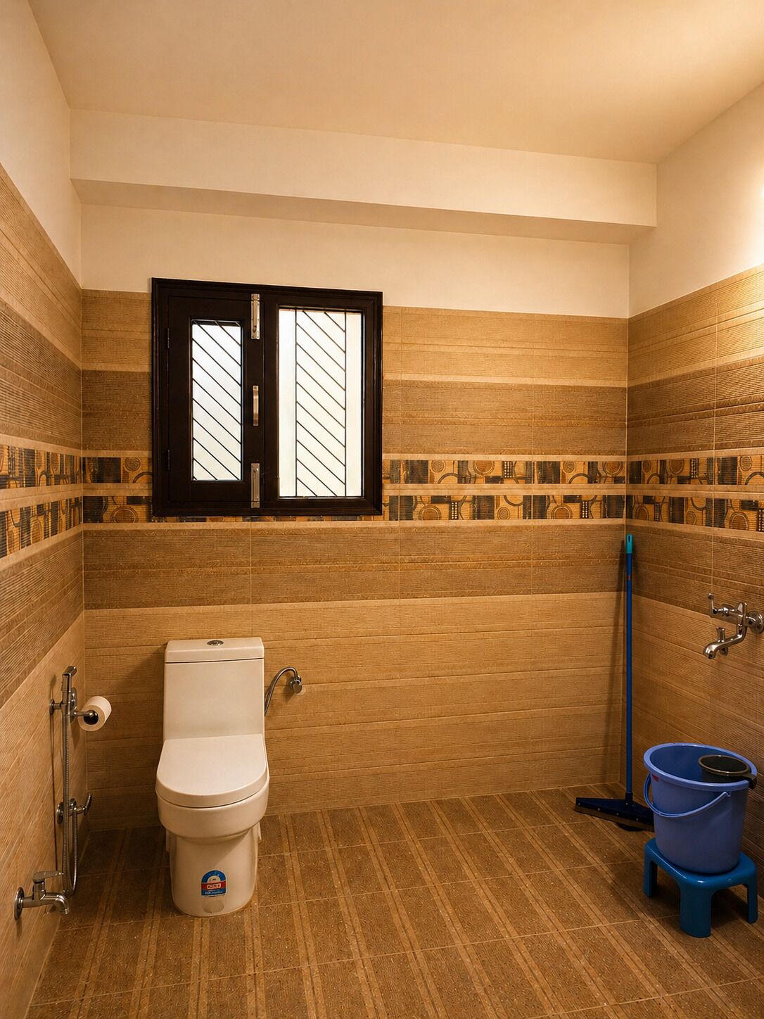 Une salle de bain équipée de toilettes, d’un bidet, d’une serpillière et d’un seau.