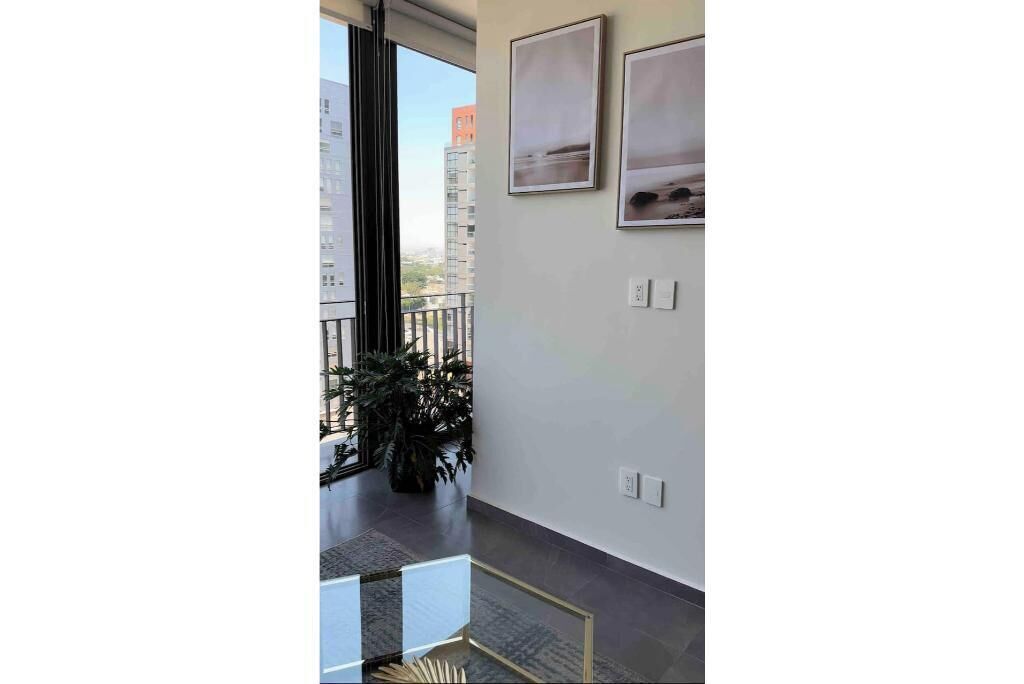 A modern interior with a balcony, a potted plant, and framed pictures on the wall.
