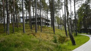 A modern building surrounded by a forested area with a paved walkway. - Oaza Spokoju | Widok na Las | Design | Shellter (Rogowo)