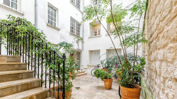 A courtyard with a stone staircase, potted plants, and a bicycle. - Spacious studio, chic and quiet, attractive Bon Marché district (Paris)