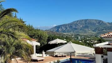 Outdoor pool, pool umbrellas, sun loungers