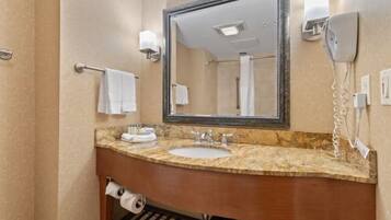 Hair dryer, towels, soap, toilet paper
