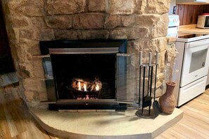 A stone fireplace with a glass front, a wooden vase, and a modern kitchen area. - Serene mountain getaway / Beautiful Views / Dog friendly (Page County)