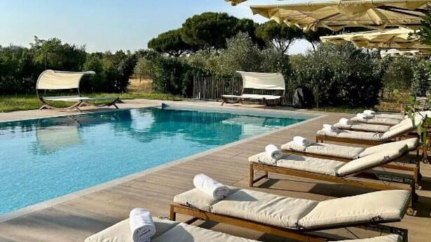 A poolside area with lounge chairs and umbrellas.
