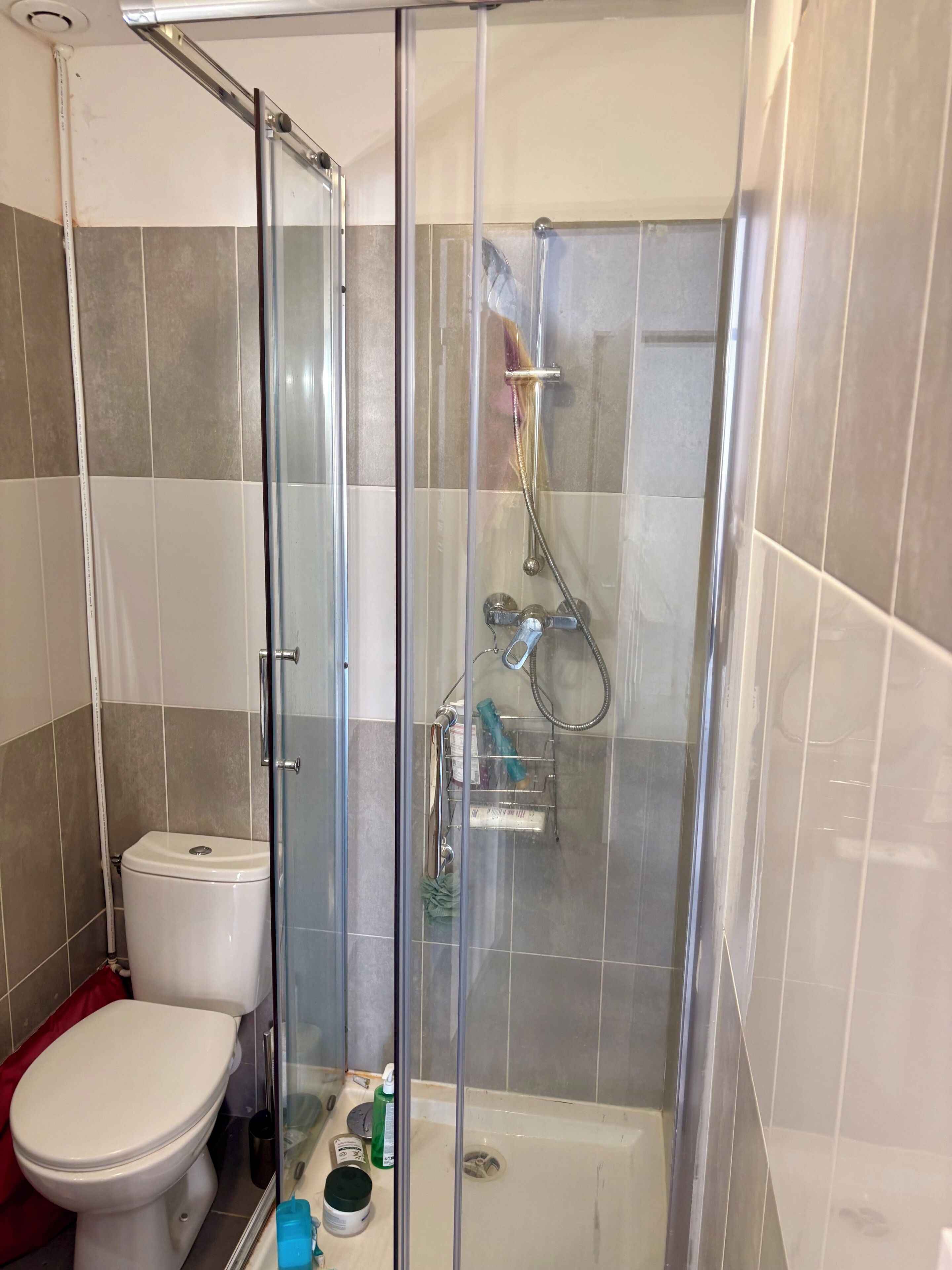 Shower, towels, soap, toilet paper
