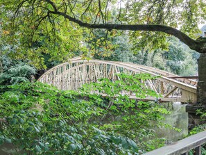 A wooden bridge over a body of water, surrounded by dense greenery. - Arkwright (Matlock)