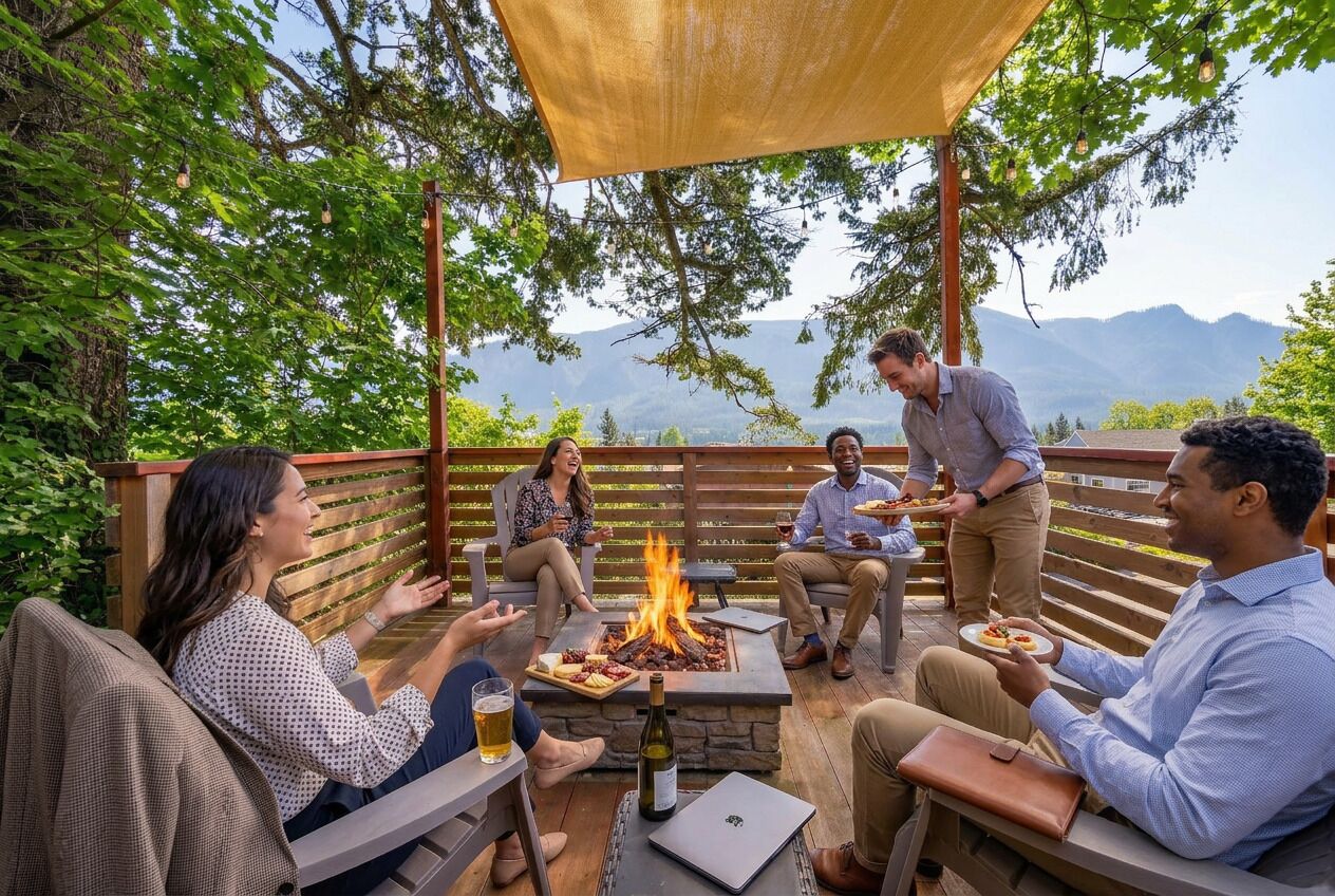 Luxury-Ferienhütte, eigenes Bad, Gartenblick | Terrasse/Patio