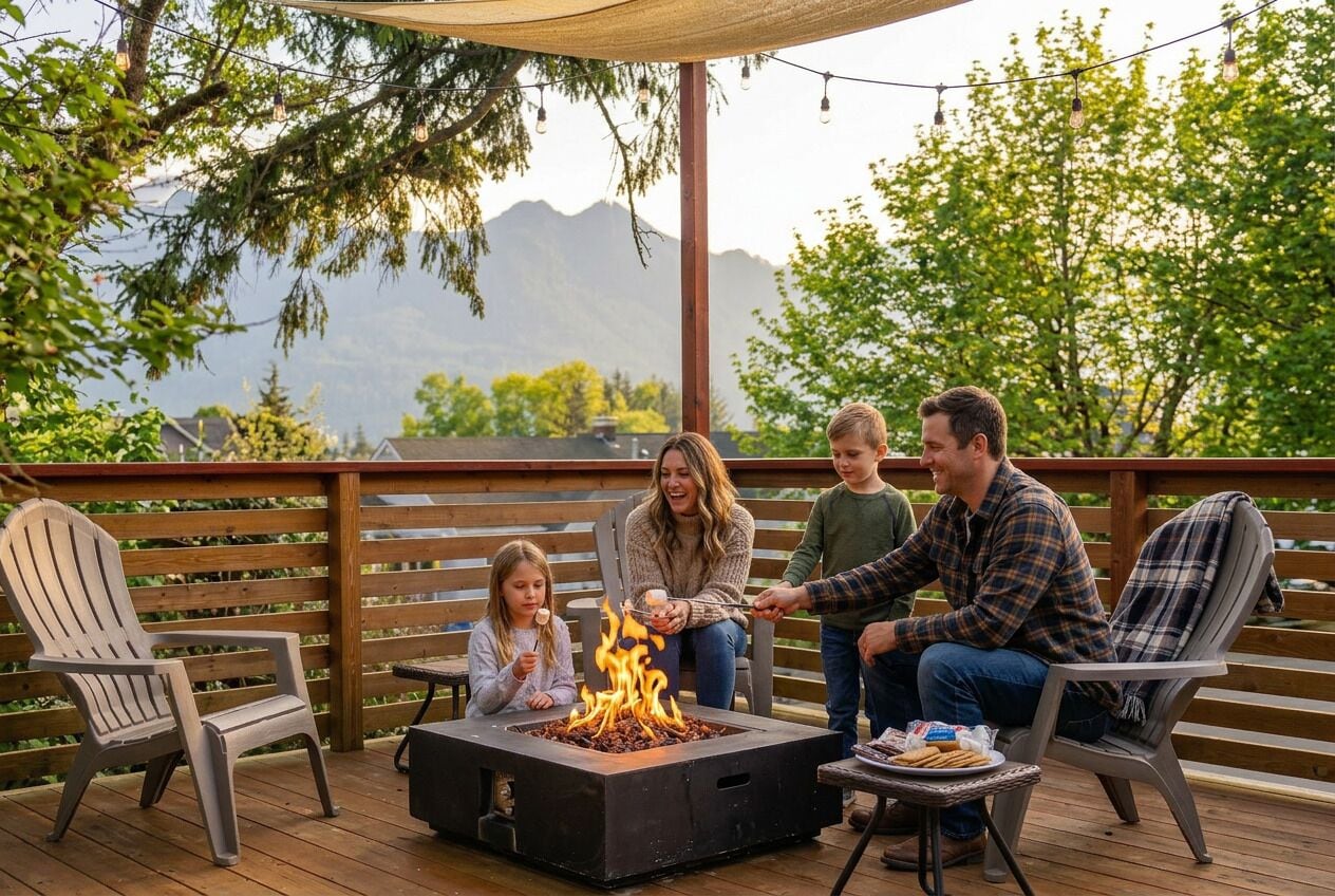 Uma família reunida em volta de uma fogueira em um deck com vista para as montanhas.
