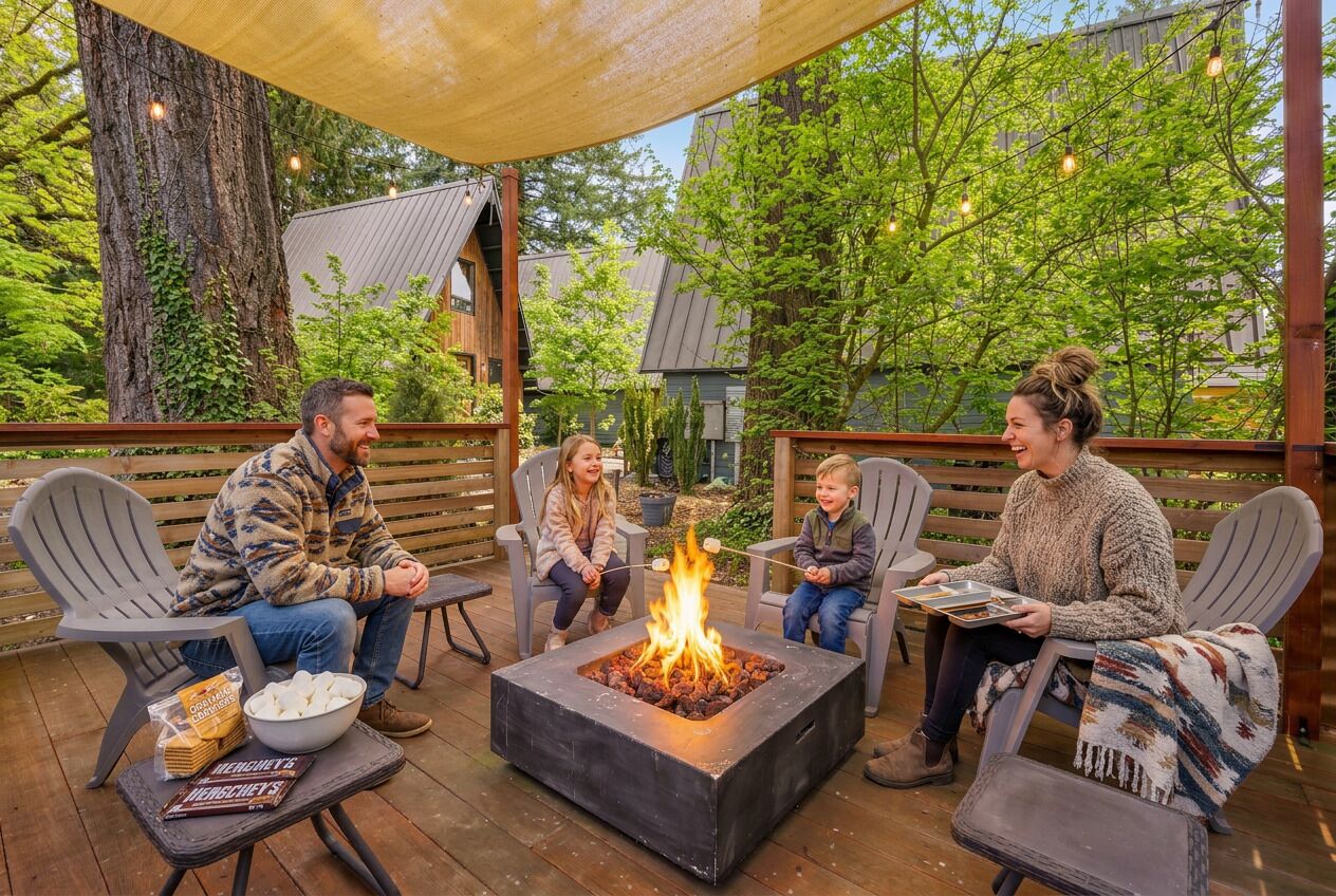 A group of people sitting around a square fire pit on an outdoor deck with chairs and a table with snacks.