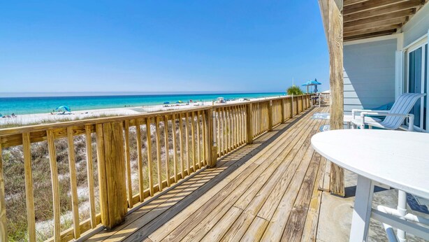 A wooden deck with a view of the beach and ocean. - Sands of Laguna B-1 (Panama City Beach)