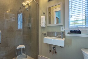 Shower, hair dryer, towels, toilet paper
