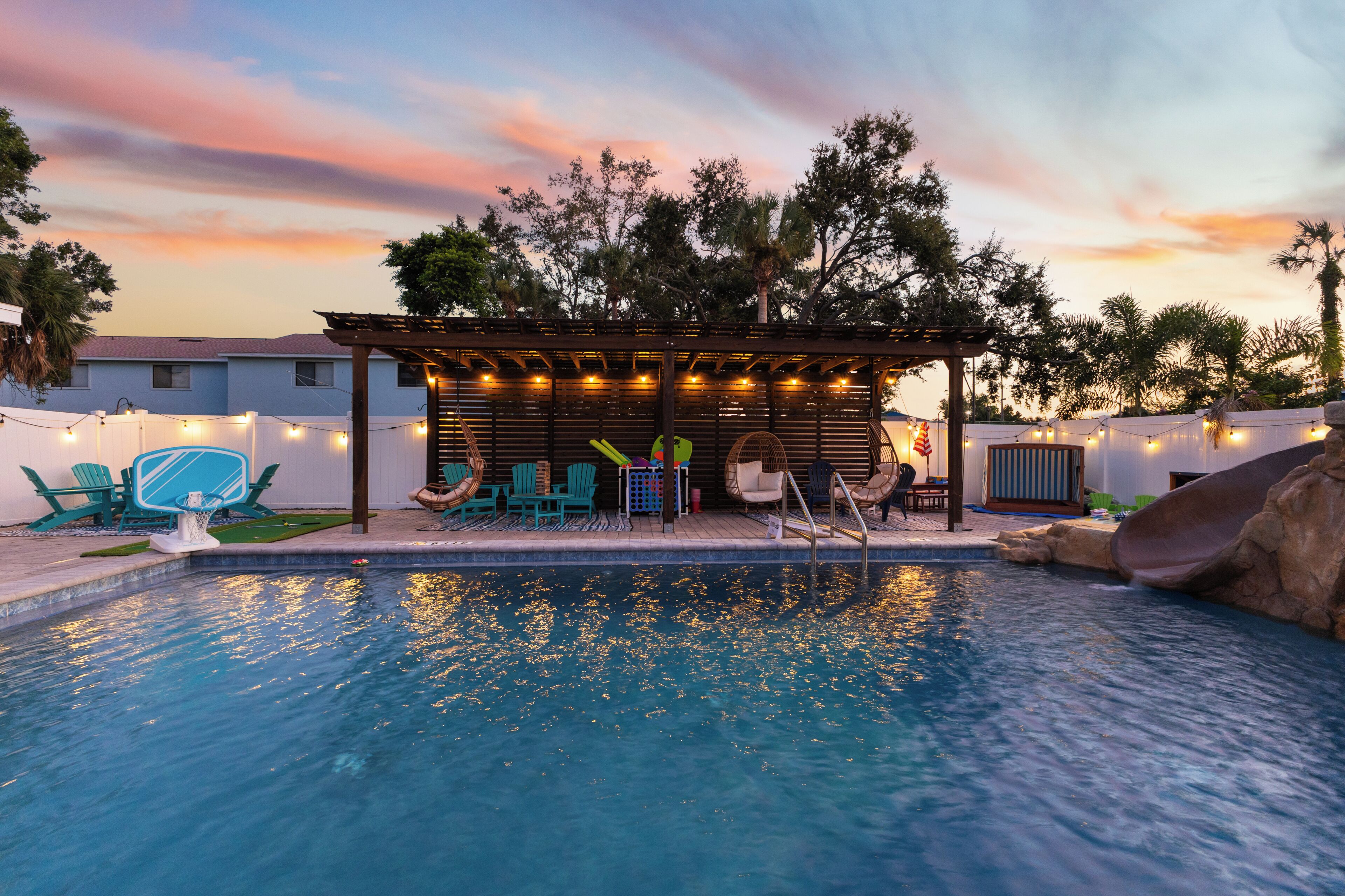 Outdoor pool, pool umbrellas, pool loungers