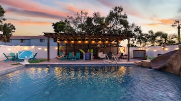 Outdoor pool, pool umbrellas, pool loungers