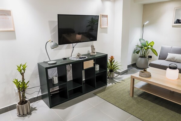 Un salon moderne avec un téléviseur à écran plat, un meuble de rangement noir, un canapé gris, une table basse en bois et des plantes en pot.