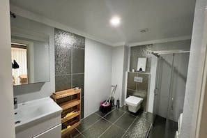Hair dryer, towels, soap, toilet paper
