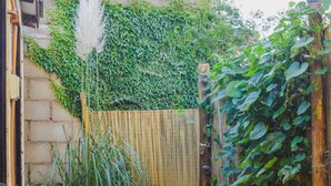Two plastic chairs outside a building with a bamboo fence and greenery.
