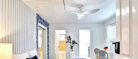 1 bedroom, desk, iron/ironing board, travel cot