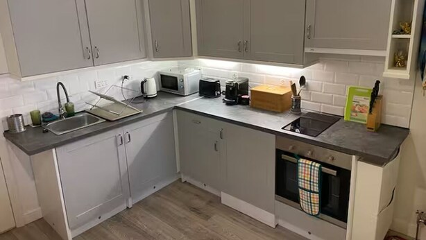 Et moderne køkken med lysegrå skabe, en mikrobølgeovn, en brødrister og en vask.