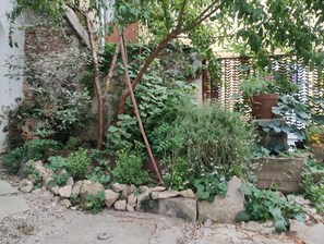 Un jardín con un muro de piedra, diversas plantas y un árbol.