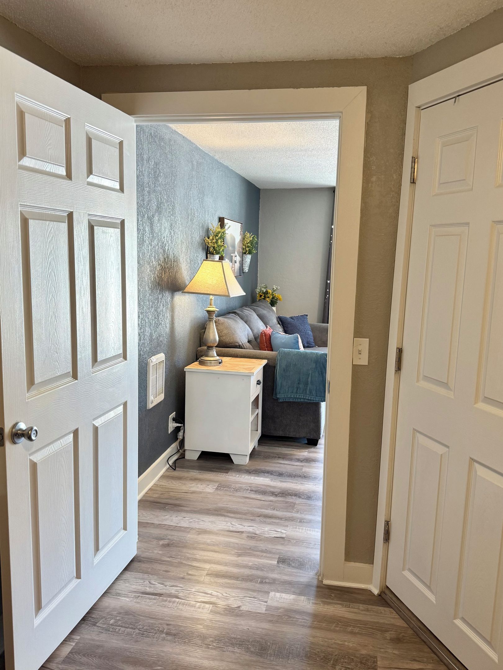 A hallway with a wooden floor leading to a living area with a sofa, a lamp, and a wall-mounted picture.