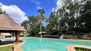Una piscina de borde curvo, rodeada de césped y árboles, y una estructura con techo de paja cerca.