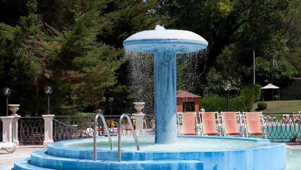 Ein Brunnen mit kreisförmigem Becken und Stufen, umgeben von Bäumen und einem Zaun.