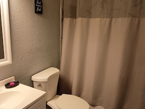 A bathroom with a toilet, sink, and shower curtain.