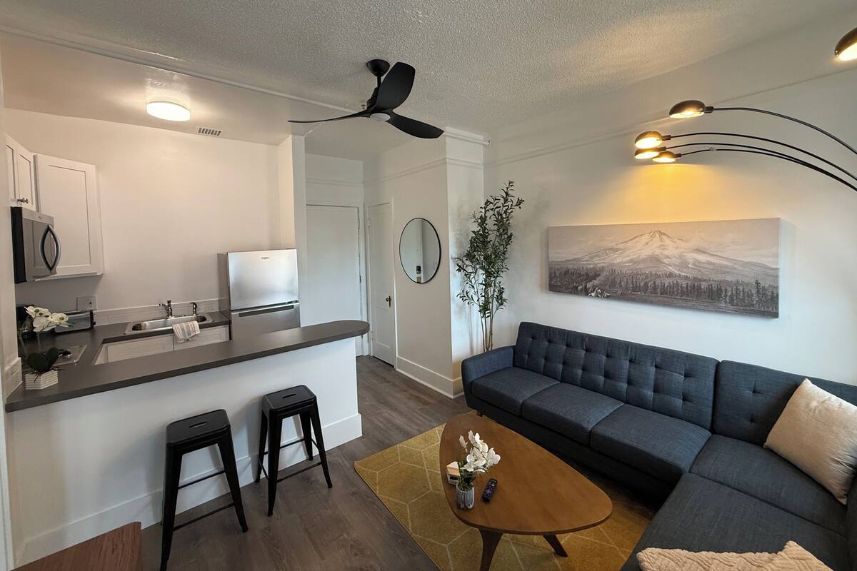A modern kitchen with a built-in refrigerator, a bar area with stools, a living room with a sofa and a coffee table, and a ceiling fan.
