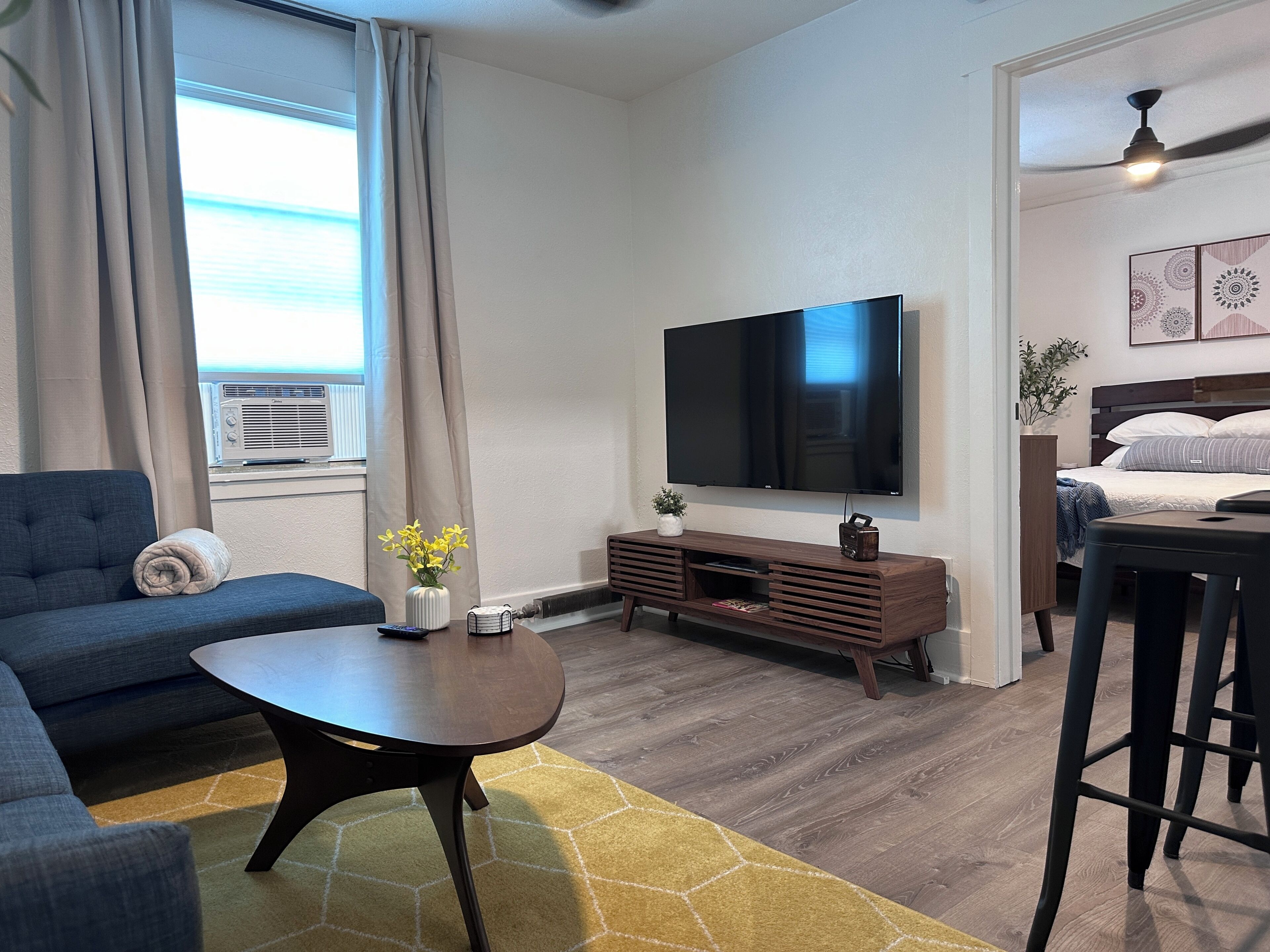 Apartamento Deluxe, 1 cama de matrimonio | Zona de estar | Televisión de pantalla plana de 55 pulgadas con canales digitales