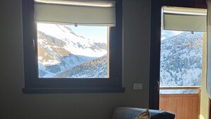 A bedroom with a bed, two windows, and a view of snow-covered mountains.