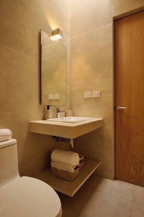 Une salle de bain équipée de toilettes, d’un lavabo, d’un miroir et d’une porte en bois.