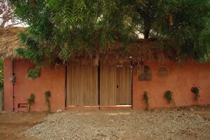 Um edifício rústico com telhado de palha, porta de madeira e um pequeno jardim com plantas.