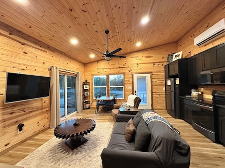 Tv, böcker, ett musikbibliotek och en stereo. THE MOCKINGBIRD:
Cozy & Modern Guest Cabin, between San Marcos & Wimberley!