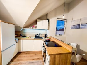 Family Apartment, Kitchen, Courtyard View | Private kitchen | Full-sized fridge, microwave, oven, stovetop