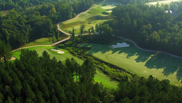 Eine Vogelperspektive eines Golfplatzes, umgeben von dichtem Wald.