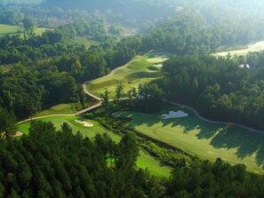 Oversigtsbillede af en golfbane omgivet af tæt skov.