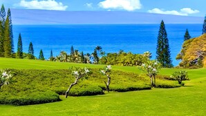 Ein Golfplatz mit Blick auf das Meer.
