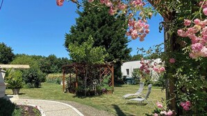 En trädgård med en pergola, en gräsmatta och en vit byggnad i bakgrunden.