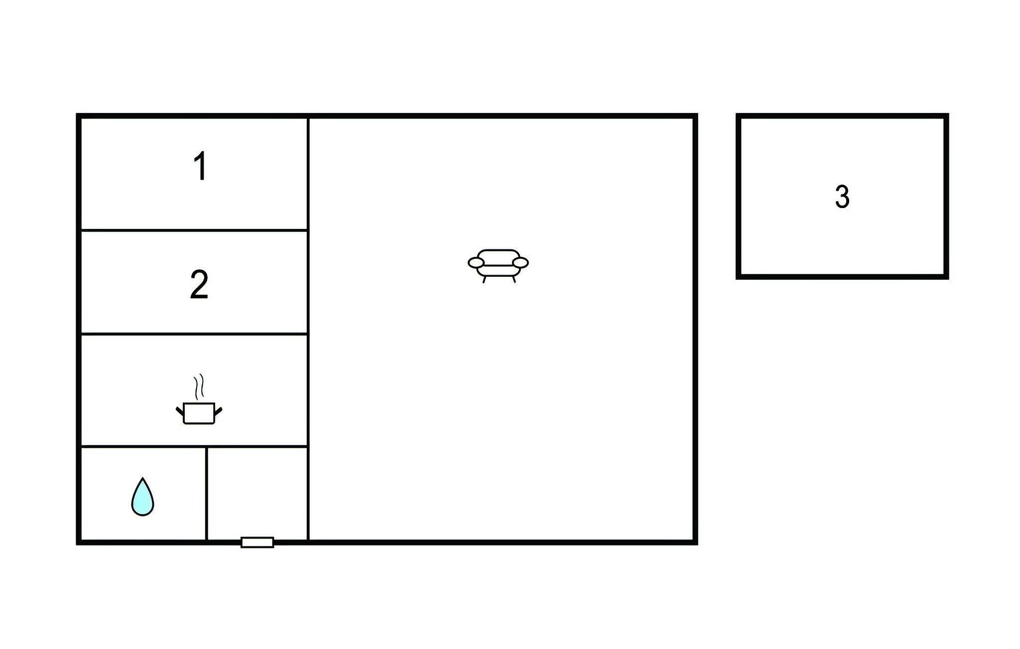 A room layout with numbered sections, a sofa, a kettle, and a water droplet icon.