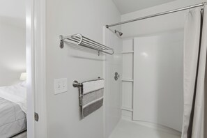 Hair dryer, towels, soap, toilet paper