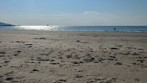 Una spiaggia con impronte, cielo sereno e una nave in lontananza.