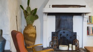 A room with a fireplace, a rocking chair, a large vase with a plant, and a bookshelf. - Authentic Sicilian house in village 20 km from the sea (Gratteri)