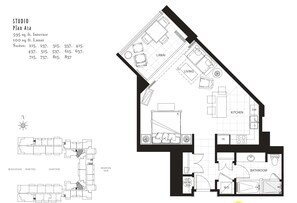 Grundriss einer Studio-Wohnung mit Wohnbereich, Küche und Bad. Es bietet Blick auf Berge und einen Innenhof.