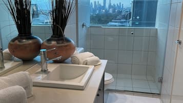Shower, hair dryer, towels, soap