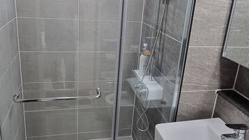 Hair dryer, bidet, towels, soap
