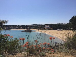 Blick auf die Küste mit einem Sandstrand, einem Felsen und Gebäuden im Hintergrund.