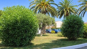 Un área ajardinada con palmeras, setos y un edificio al fondo.