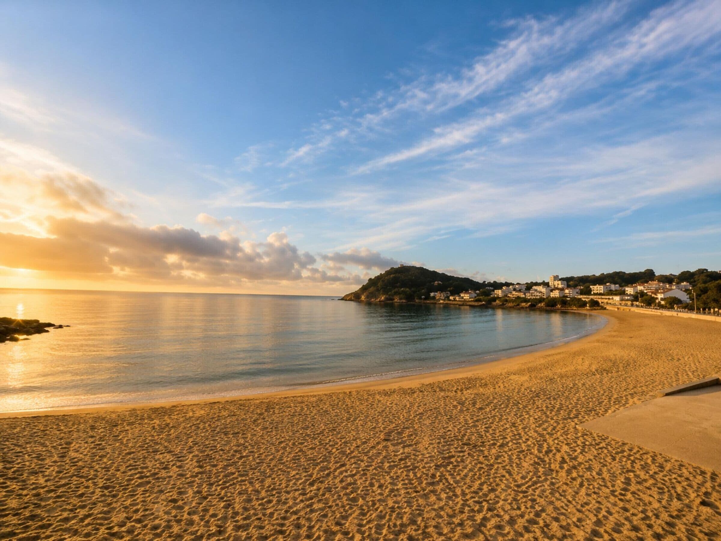 A beach with a clear sky, calm sea, and a distant shoreline with buildings.
