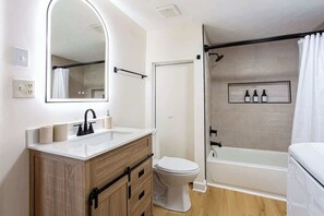 Shower, hair dryer, shampoo