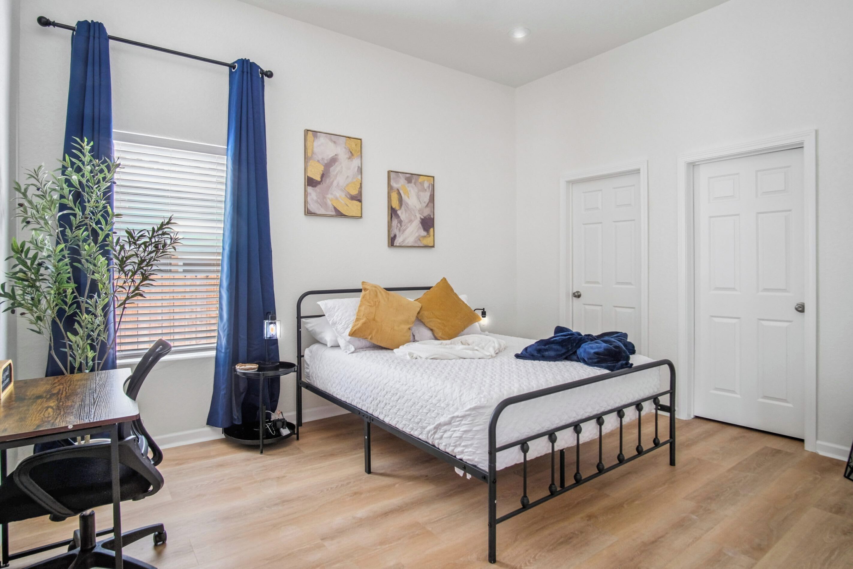A bedroom with a bed, a desk, a chair, a potted plant, and two abstract paintings on the wall.